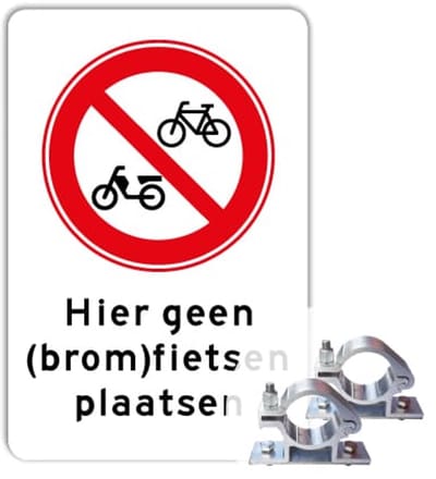 Bord Hier Geen (brom)fietsen plaatsen - Weerbestendig Aluminium - 40x60 cm - Bevestiging: Met paalbeugels Ø48mm