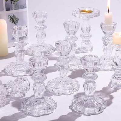 12x Glazen Taper Kaarsenhouders - Vintage Bloem Design Kandelaars voor Tafeldecoratie