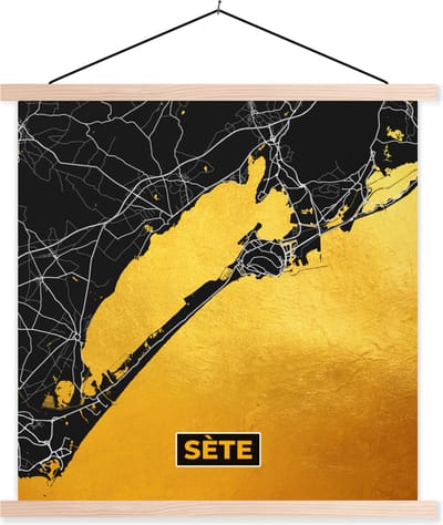 Posterhanger incl. Poster 40x40 cm - Schoolplaat - Stadskaart – Frankrijk – Kaart – Sète– Plattegrond - Textielposter - Blanke latten - Stadskaart