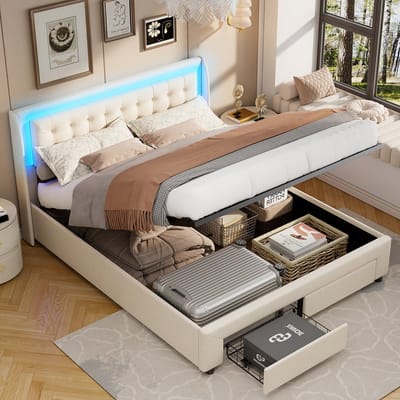 Velours Polsterbed 140x190 met LED Verlichting – Bedframe met Opbergruimte en Lades – Beige Bed met Hoofdbord