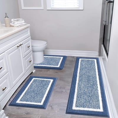 Famanu – Set van 3 stuks badmatten microvezel antislip wasbaar toilet en douche set blauw