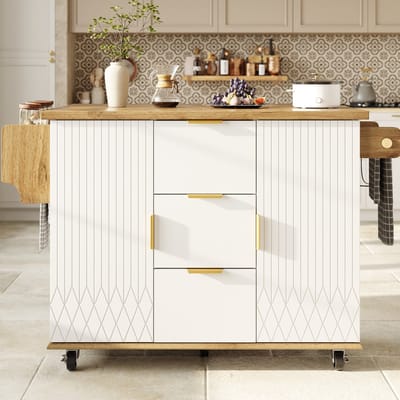 HAUSS SPOLE Keukenkast - Uitklapbaar Werkblad En Stopcontact - Mobiele Keukenwagen Voor Keuken En Eethoek - MDF En Metaal - 134x46/74x88 Cm - Wit