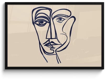 Poster in lijst - Fotolijst 90x60 cm - Posters - Minimalistisch - Lijnillustratie - Beige - Donkerblauw - Posterlijst zwart - Decoratie - Wanddecoratie woonkamer - Muurdecoratie slaapkamer