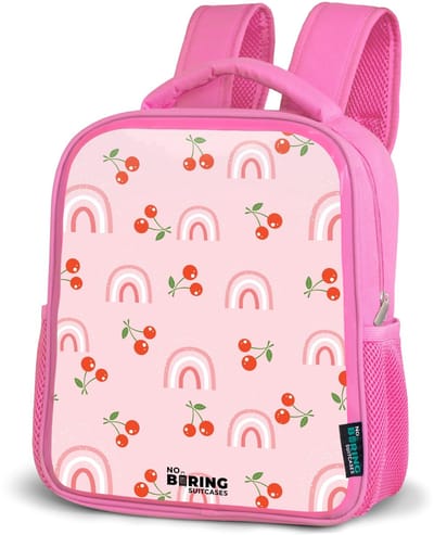 NoBoringSuitcases.com® - Rugzak roze - Schooltas meisjes - Roze met regenboog en kersen patroon - Kinder rugtas meisje - Boekentas kind - Kinderrugzak voor school - Schoolrugzak