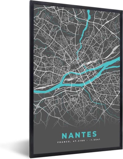 Fotolijst incl. Poster - Nantes - Frankrijk - Kaart - Stadskaart - Plattegrond - 40x60 cm - Posterlijst