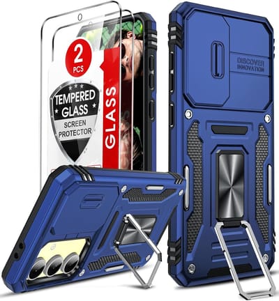 Hoesje Geschikt voor Samsung Galaxy S24 FE hoesje backcover Blauw met Met Draaibare Ring Houder en camera bescherming - Galaxy S24 FE Screenprotector - 2 stuks
