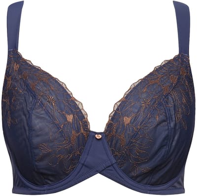 Ulla Popken - Dames - Beugel BH bloemenborduurwerk - Nachtblauw - Maat 95C