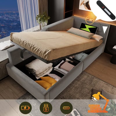 DESMIU Bedbank 90x190 cm – Leeslamp En Usb C Oplaadfunctie – Hydraulische Opbergruimte – Voor Jeugd Of Logeerkamer – Fluweel – Grijs – Zonder Matras