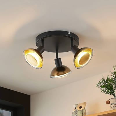Lindby - buitenspot - 3lichts - Ijzer, glas - H: 15.9 cm - GU10 - matzwart, bladgoud - Inclusief lichtbronnen
