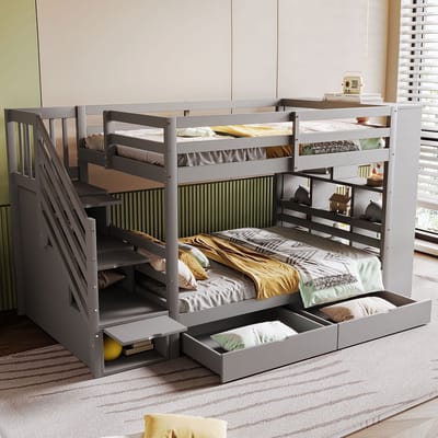 OKWISH Stapelbed 90x200 cm – Veiligheidsbed Met Trap Met Opbergruimte – Opberglades & Grote Kast Voor Kinderkamer – Grenenhout – Grijs – Zonder Matras