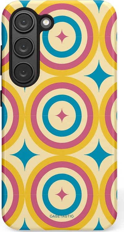 Casetastic hoesje geschikt voor Samsung Galaxy S23 - Dubbellaagse bescherming - Swinging Retro Boogie Circles - Fashion Case - Crème Goud Lichtblauw Koraal