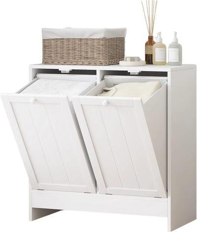 Noventra - Wasmand Kast - Dubbele Wasmand - Waskast met 2 Kantelbare Wasmanden - Wassorteerder - Wasgoed Organizer - Wasmand Meubel - Wit - 66 x 33 x 68 cm