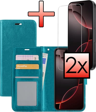 Hoesje - Met 2x Screenprotector - Geschikt voor Apple iPhone 16 Pro - Luxe Pasjeshouder - Bookcase Portemonee - Flip Case - Kunstleer Book Case - Flipcase Hoes - Book Cover - Walletcase - Portemonneehoes - Turquoise