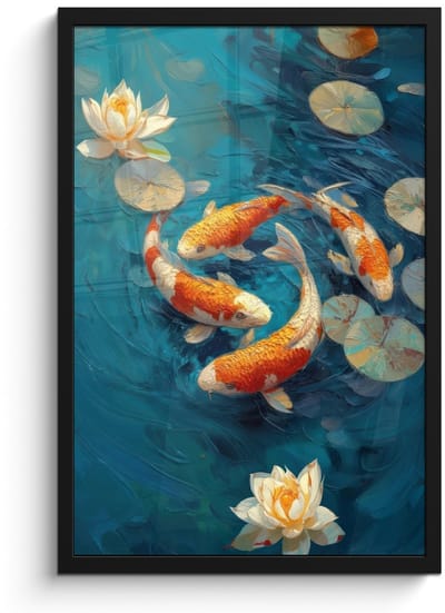 Poster in lijst - Fotolijst 40x60 cm - Posters - Vissen - Waterlelies - Oranje - Water - Posterlijst zwart - Decoratie - Wanddecoratie woonkamer - Muurdecoratie slaapkamer