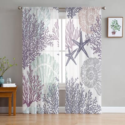 Oceaan Koraal Schelp Zeester Geometrisch Abstracte Textuur Transparant Raamgordijn Tule Gordijnen voor Woonkamer Huisdecoratie Voile Draperieën 135W x 114H(cm) white