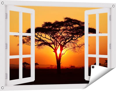 Gards Tuinposter Doorkijk Zonsondergang Achter een Savanne Boom - 90x60 cm - Tuindoek - Tuindecoratie - Wanddecoratie buiten - Tuinschilderij