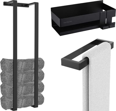 Badkamer accessoireset 3 delig - Zwart - Handdoekrek - Handdoekhouder - Wandrek - Luxe Badkamerset