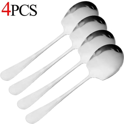 Lot de 4 grandes cuillères en acier inoxydable, épaisses, pour dîner à la maison, pour le public, à long manche, pour soupe, à tête ronde, pour buffet
