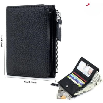 Portefeuille court en cuir véritable pour homme et femme, porte-cartes, porte-monnaie, petite fermeture éclair, pochette pour écouteurs noir