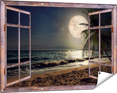 Gards Tuinposter Doorkijk Tropisch Strand in de Nacht met Volle Maan - 120x80 cm - Tuindoek - Tuindecoratie - Wanddecoratie buiten - Tuinschilderij