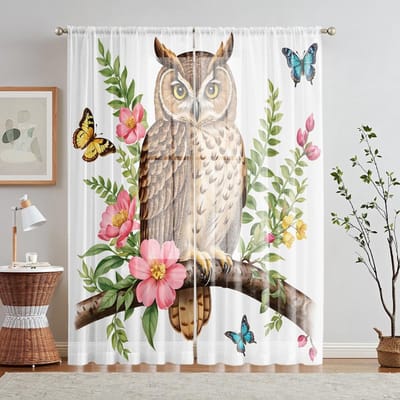 2 Stuks HD Digitaal Bosuil Print Raamvalletje Woondecoratie Stijl Woonkamer Slaapkamer Decoreren Gordijn met Tunnel W52H63inchW132H160cm beige