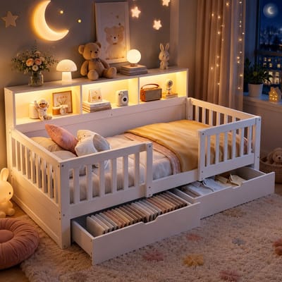 Kinderbed 90x200 cm - Eenpersoonsbed - Multifunctioneel bed - Vloerbed - Met veiligheidsleuning - Met opbergruimte - Met led-lichtstrip - Met lades - Wit
