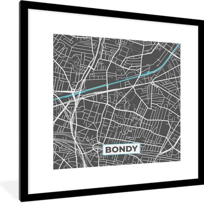 Fotolijst incl. Poster - Bondy - Frankrijk - Kaart - Stadskaart - Plattegrond - 40x40 cm - Posterlijst
