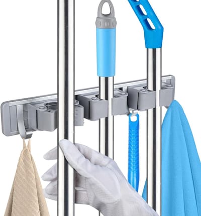 Broom Holder Wandbevestiging met 3 Houder en 4 Haken, Organizer voor Huishouden, Keuken, Garage en Tuin