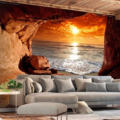 98cm X 70cm - Zelfklevend fotobehang -  Uitzicht op zee uit een grot , Premium Print