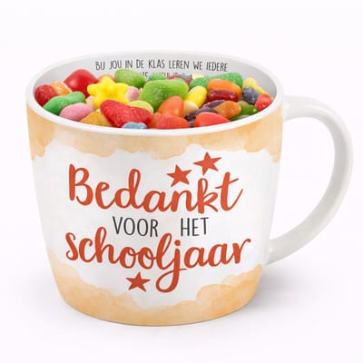 Keramische Mok - Porselein - Bedankt voor het schooljaar - Snoep - Zijden lint: "Speciaal voor jou"
