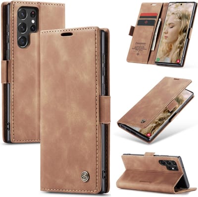 Casemania Hoesje Geschikt voor Samsung Galaxy S23 Ultra Sienna Brown - Dunne Portemonnee Book Case - Slim Wallet Case met Pasjeshouder