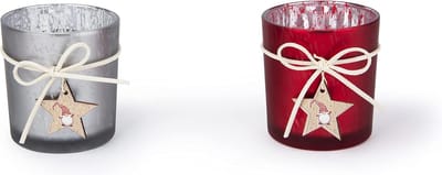 Theelichthouders Set - Huisdecoratie - Sfeervol Verlichten - Glas met Houtdecor - 7 x 8 cm - Multicolor