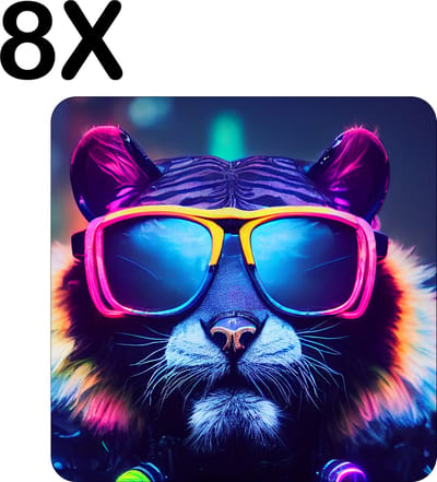 Luxe Placemat - Kat - Poes met Zonnebril in Neon Kleuren - Set van 8 Placemats - 50x50 cm - 2 mm dik Vinyl - Anti Slip - Afneembaar