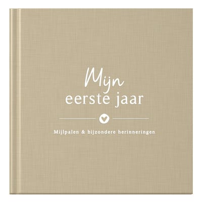 Fyllbooks - Baby Boek Mijn Eerste Jaar - Invulboek Baby - Linnen Cover - Taupe - Geschikt voor alle Gezinssamenstellingen