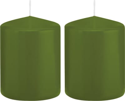 Trend Candles Cilinderkaars/stompkaars - 2x - olijfgroen - 6 x 8 cm - 29 branduren - met brandvertragende folie