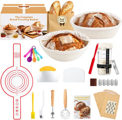 Zuurdesem Starter Set - 15-delige Broodbak Set - Rijsmand Rond en Ovaal - Fermentatiepot - Deegmes - Deegschraper - Broodzak