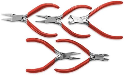 Set van 5 tangen voor juweliers en horlogemakers, 130 mm rondbektang, zijsnijtang, kettingbektang en platte bektang, rood, rood
