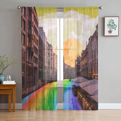 Maanregenboog Composiet Tule Gordijnen voor Woonkamer Slaapkamer Transparant Gordijn voor Balkon Hal Mode Bedrukt Huisgordijnen 135W x 114H(cm) black
