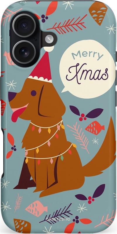 Casetastic hoesje geschikt voor Apple iPhone 17 - MagSafe - Dubbellaagse bescherming - Merry Christmas Hond - Fashion Case - Zilver Bruin Saliegroen Rood