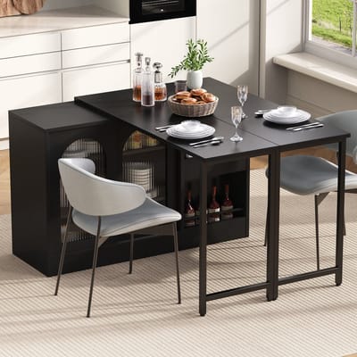 Wishdor Eettafel 121.5×40×76.7 cm van MDF en metaal zwart, uitschuifbaar met 360° draaibaar zijdeel en opbergruimte