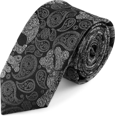 Zijden stropdas met schedel met zwart en grijs paisleymotief | 6 cm