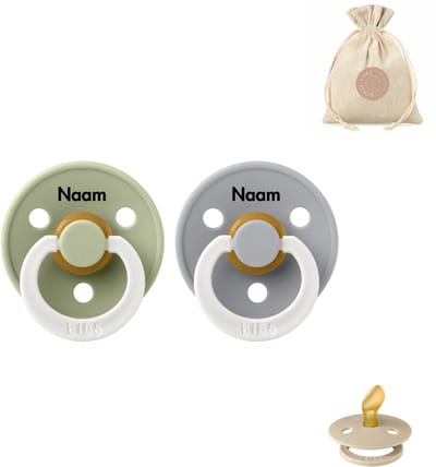BIBS fopspenen anatomisch met naam - maat 1 - glow in the dark sage en cloud + BolleToet speenzakje