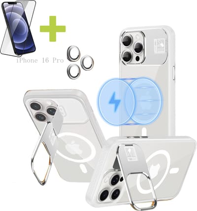 Hoesje voor iPhone 16 Pro met Standaard, Compatibel met MagSafe, Acryl + TPU Case, Hoes ingebouwde Stash Stand-telefoonhoes, Ultradun-Wit - Screenprotector