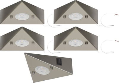 Trango Set van 5 keukenonderkastverlichting 6739-52 incl. 5x 4,8 Watt LED module 3000K warm wit *COOK* inbouwspot - inbouwspot van roestvrij staal - schakelaar - driehoekige lamp - kastverlichting - keukenlamp