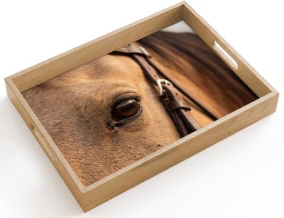 Dienblad hout 40x30 cm - Schootdienblad - Paard - Oog - Bruin - Borrelplank rechthoek - Plateau dienbladen