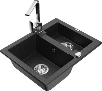 Mexen Carlos 1,5-komorige granieten gootsteen met keukenmengkraan Rita, zwart/zilver metallic - 6518-73-670300-00