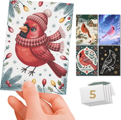 Inspra Studio – Luxe Kerstkaarten met Enveloppen – 5 Stuks – Dieren Wenskaarten Collectie – Mix van 5 Unieke Illustratiestijlen – Kardinaal