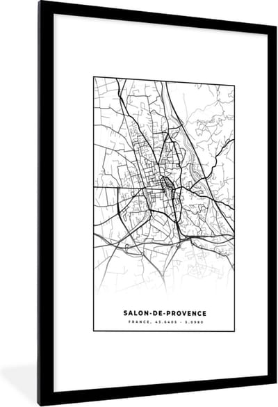 Fotolijst incl. Poster Zwart Wit- Stadskaart - Plattegrond - Kaart - Salon-de-Provence - Frankrijk - Zwart wit - 60x90 cm - Posterlijst