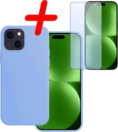 Hoesje Met Screenprotector - Geschikt voor Apple iPhone 15 - Sterk & Shockproof - Back Cover - Siliconen Case - Telefoon Hoes - Lichtblauw