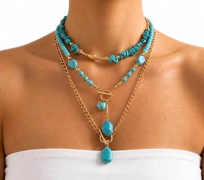 3 delige set Turquoise-goudkleurige ketting met kralen en natuursteen – ketting voor dames – layerketting met fantasiehanger